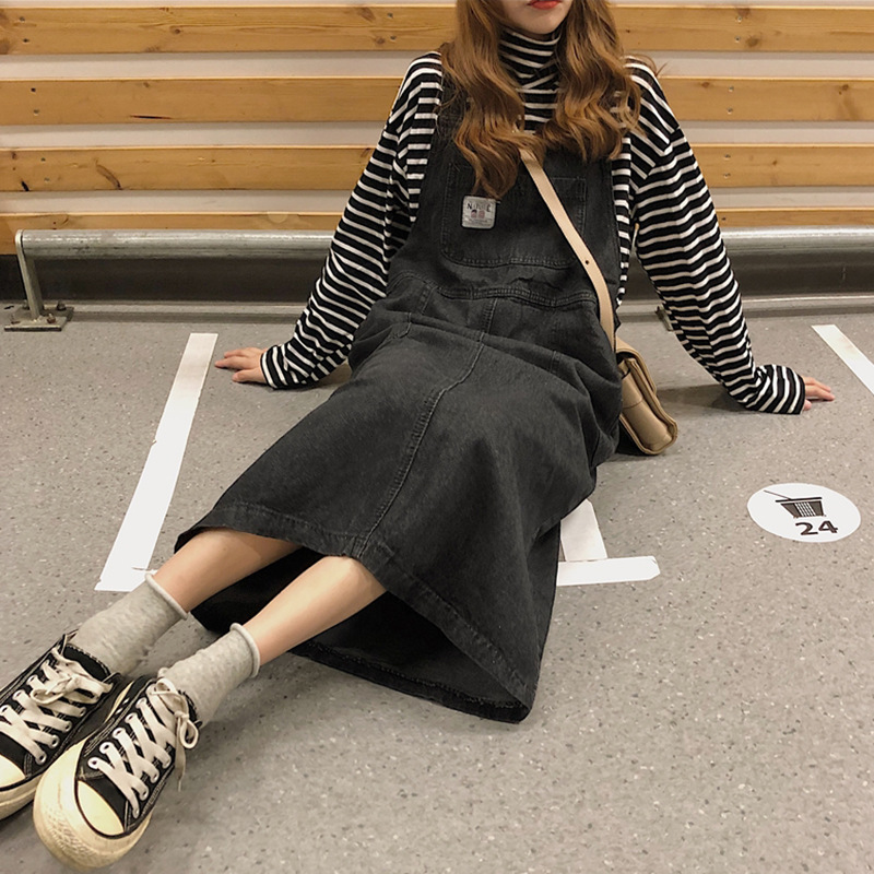 Loose denim strap skirt female student Korean version of the strap new casual wild long summer dress