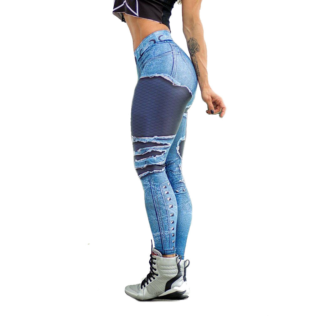Tattered denim digital printing sports leggings yoga running tight stretch pants