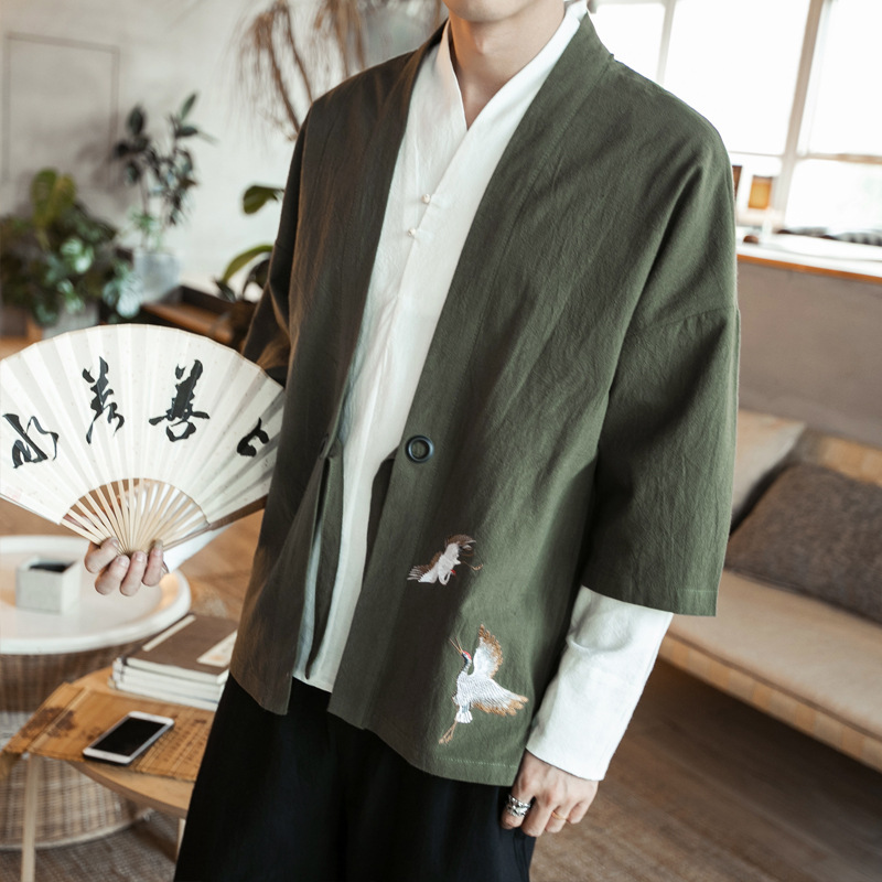 Chinese Cardigan Men's Jacket Embroidered Thin Quarter Sleeve Hanfu Windbreaker