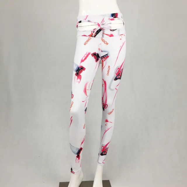 Hollow high waist printed leggings hip wrinkle stretch yoga pants Pink White - Shop at LoveMi
