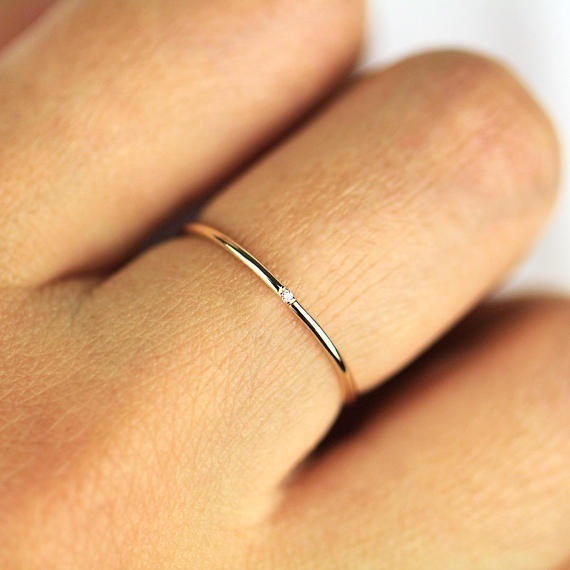 Minimalist Slim Diamond Ring 14k Pure Gold Diamond Ring 1mm Full Round Thin
