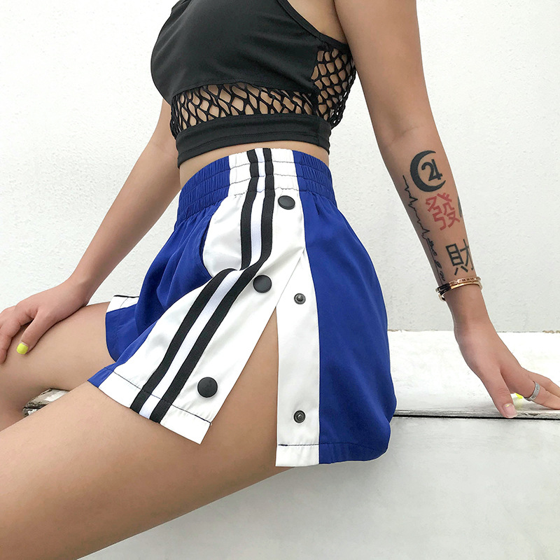 Wide leg shorts female summer new foreign trade hot thin section four button buckle split casual sports hot pants Blue - Shop at LoveMi