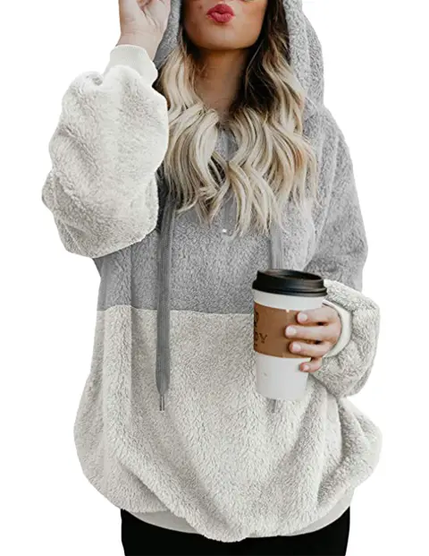 Women Casual Plush Hoodies Zipper Patchwork Hooded Drawstring Sweatshirt