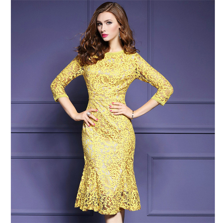 Europe and the United States slim slimming long round neck lace bag hip dress