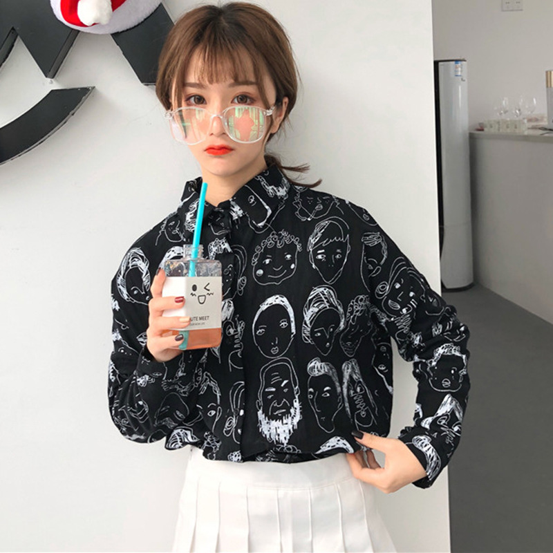 Women's retro cartoon pattern loose thin student wild long-sleeved shirt shirt tide