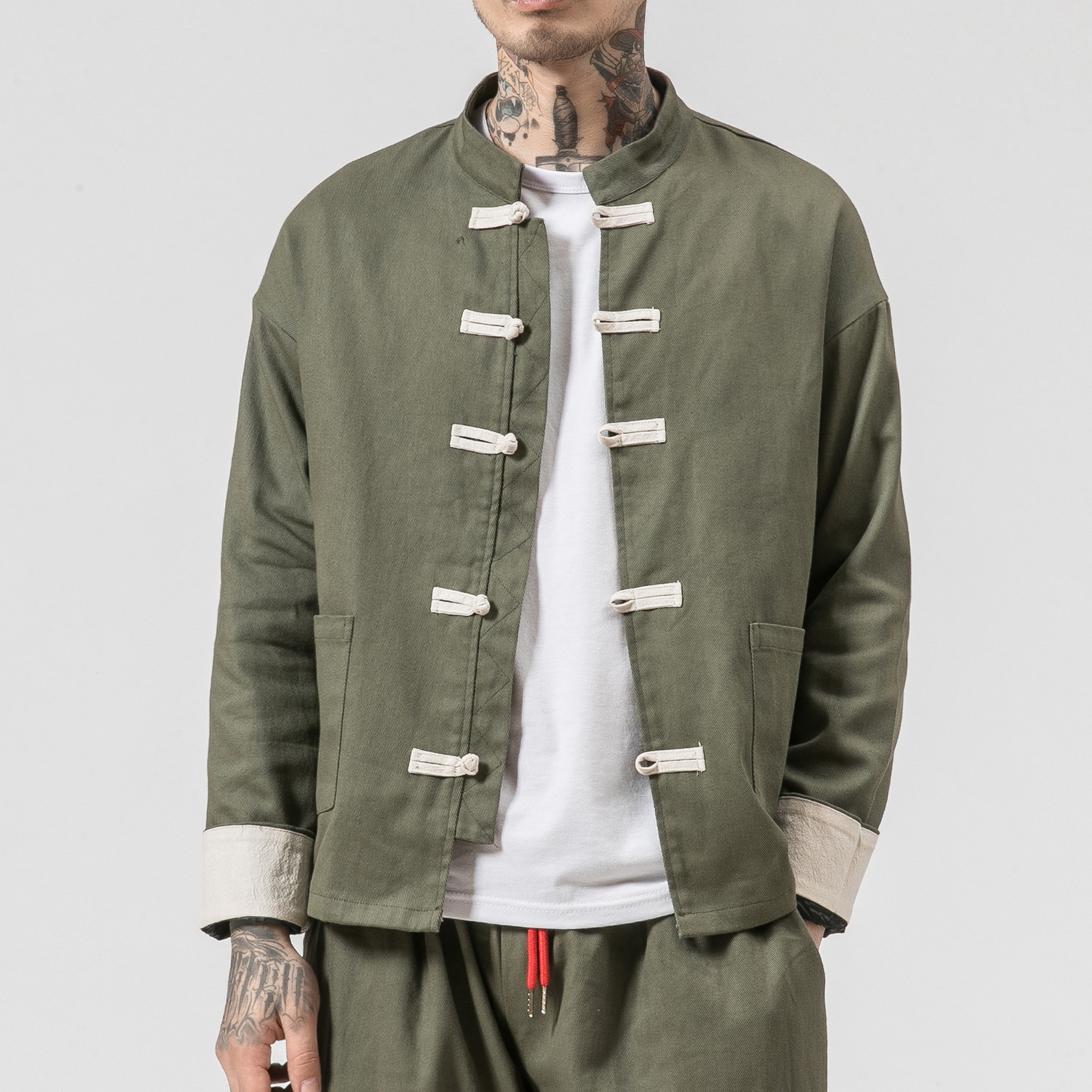 New disc buckle cotton and linen men's casual jacket Chinese style retro large size fashion linen Tang suit male