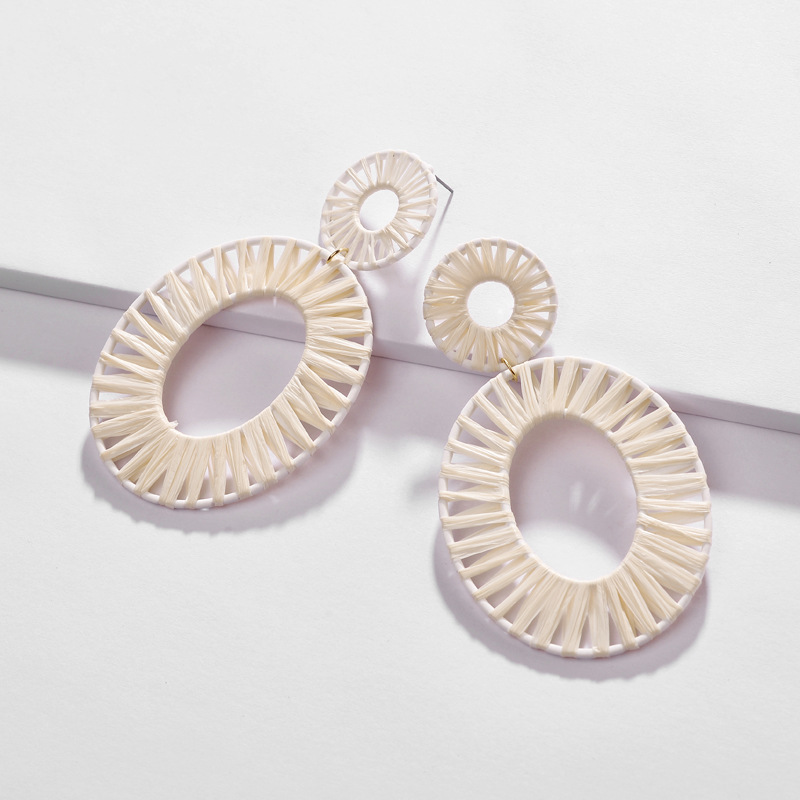 Fashion Jewelry Bijoux Rainbow Colorful Raffia Earring Big Oval Straw Statement Earrings for Summer