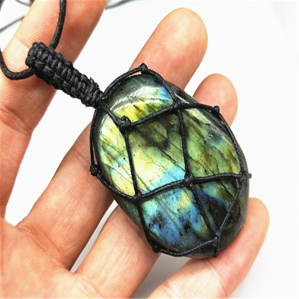 Natural Moonstone Pendant Necklace Hand Woven