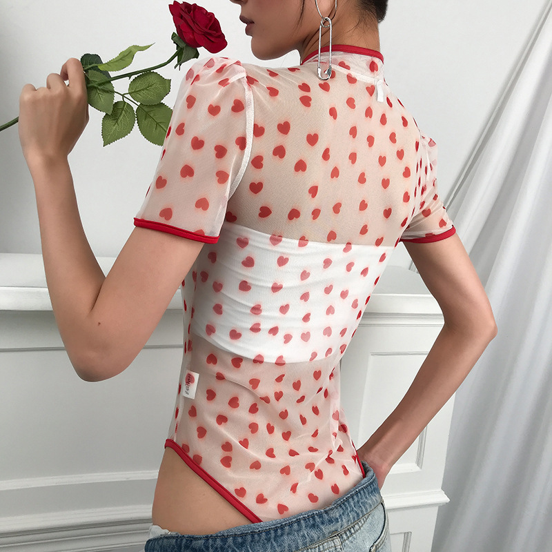 Europe and the United States spring and summer women's Amazon explosion models sexy mesh openwork print zipper jumpsuit a generation