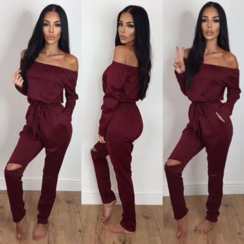 foreign trade autumn new new off the shoulder hole jumpsuit Claret S - Shop at LoveMi