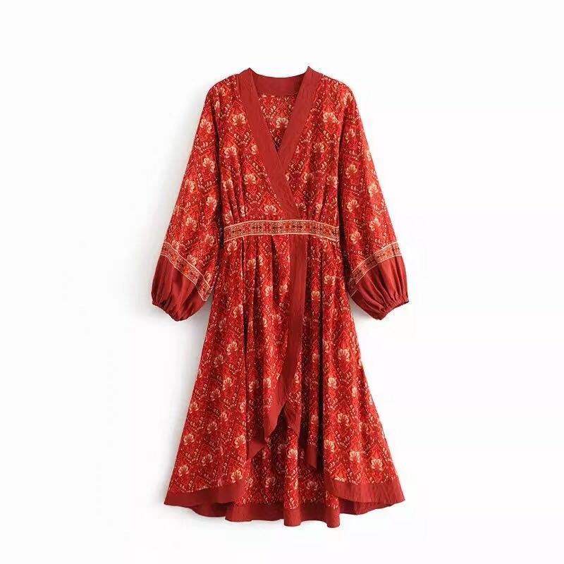Nepal Bohemian Lantern Sleeve V-neck Dress with Waist Irregular Hem Slim Dress