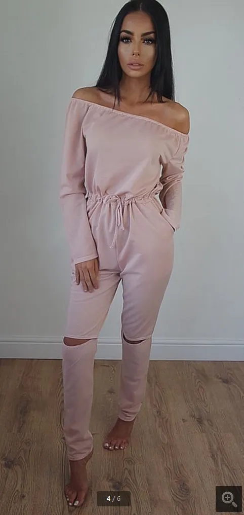 foreign trade autumn new new off the shoulder hole jumpsuit Pink - Shop at LoveMi