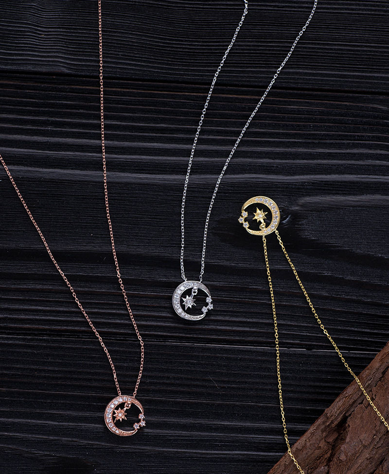 Japan South Korea Simple Temperament Star Moon Pendant s925 Sterling Silver Short Clavicle Necklace Necklace Student Gift Female
