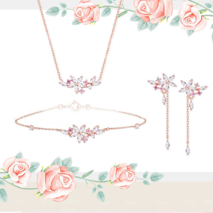 Flower Branch Leaves 925 Sterling Silver Female Clavicle Necklace Stud Earrings