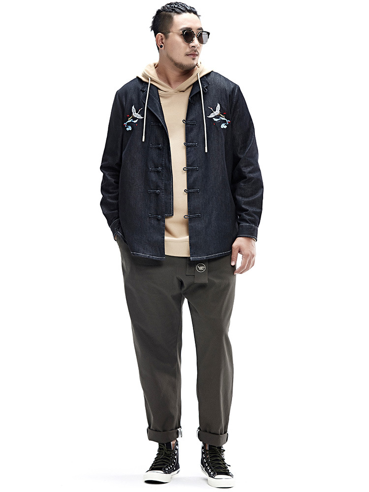 Large size men's Chinese wind crane embroidery collar shirt men's long-sleeved jacket fat loose denim tide
