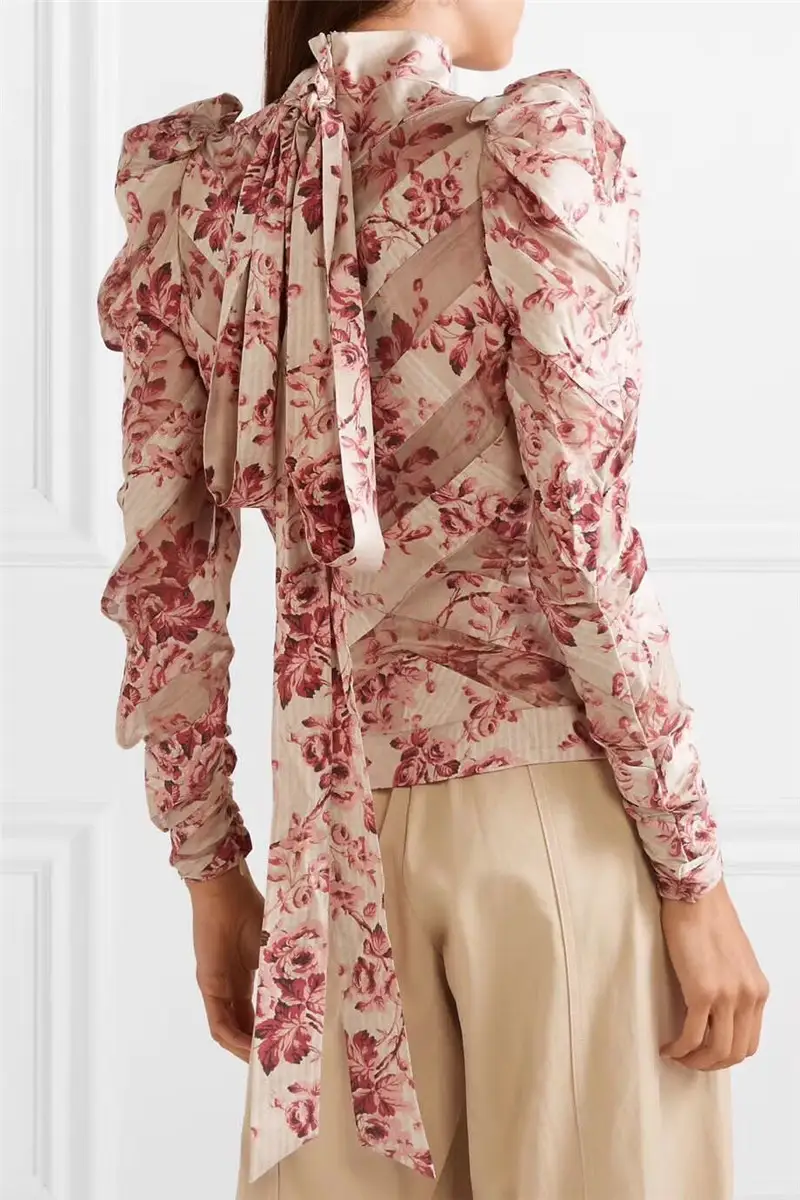 Stitching Long Sleeve Shirt Bow Puff Sleeve Pleated Print Top