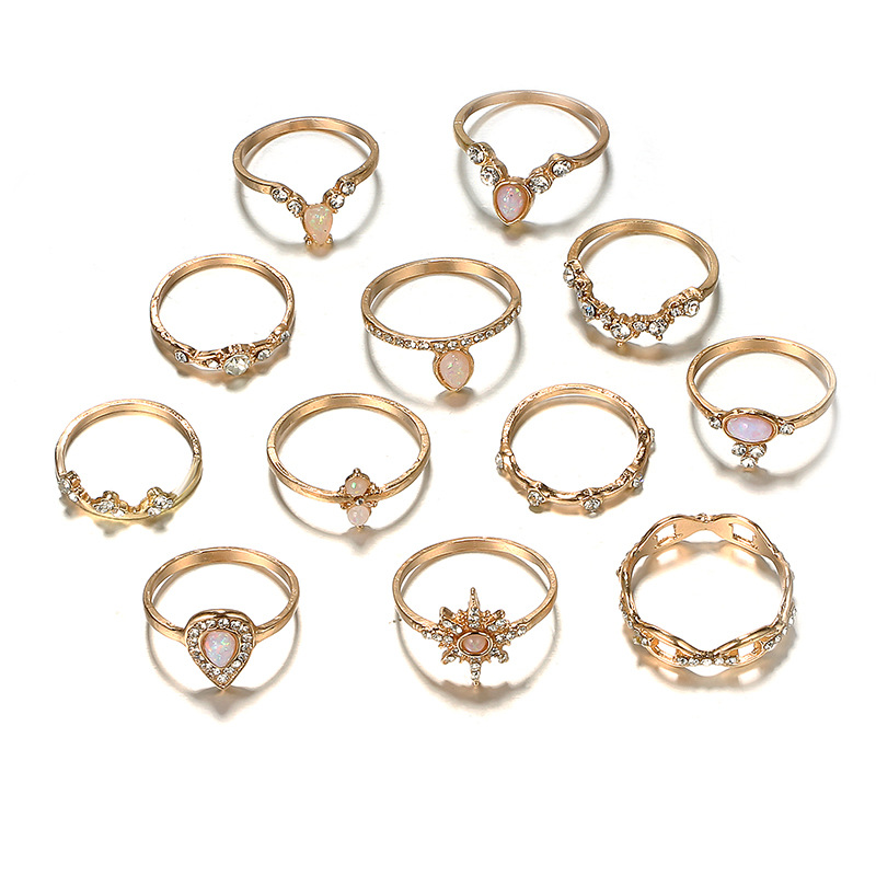 New supply in Europe and America Diamond crown drop shape set ring joint ring alloy ring 12 sets