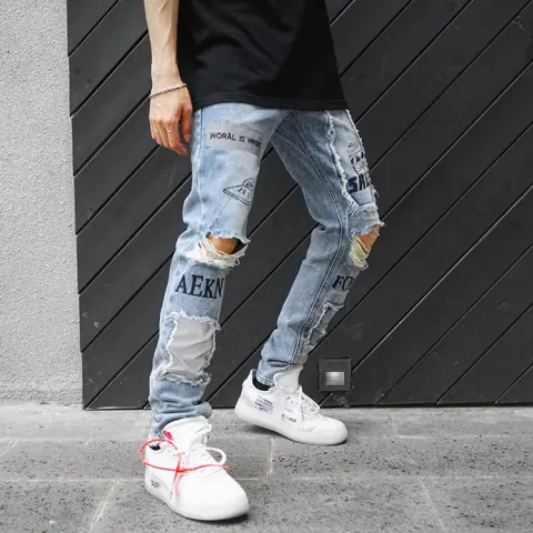 Knee Hole Patch Cloth Jeans Men and Women Personality
