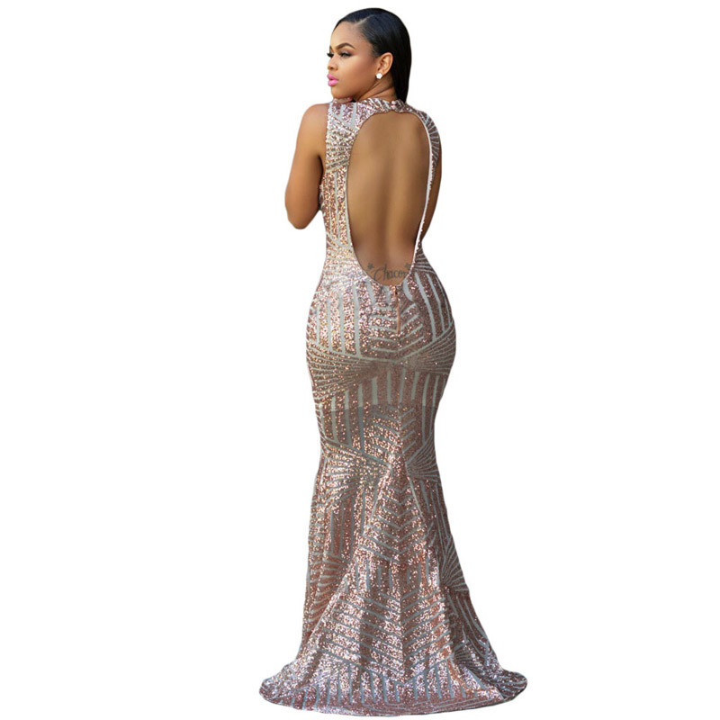 Fashion sequins sexy hollow backless sleeveless round neck Slim bag hip dress