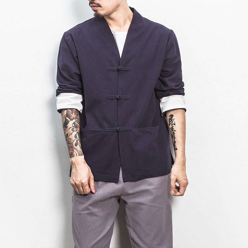 Autumn jacket male cotton and linen retro kimono Chinese style linen casual robes buckle Hanfu Cardigan Tang suit jacket