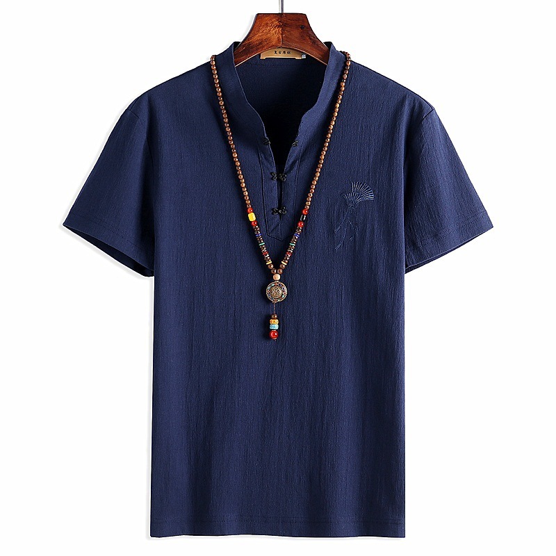 Chinese style cotton and linen short-sleeved t-shirt men's summer Hanfu embroidery linen half sleeve