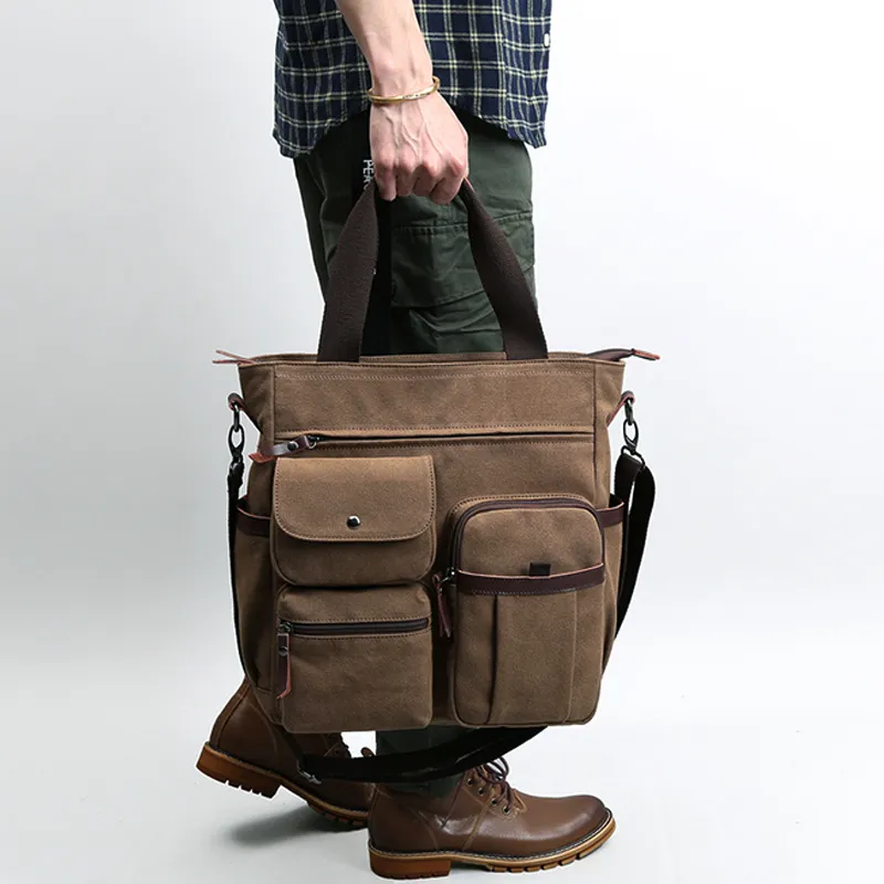Spot Amites Korean Business Portable Canvas Men's Bag Vertical One Shoulder Electric Messenger Bag Men's Briefcase - Brown