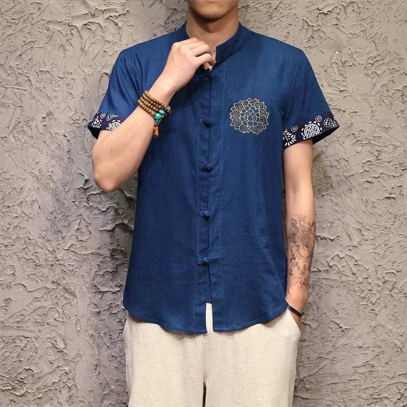 قميص رجالي قصير الأكمام من القطن والكتان بتصميم بوذا صيني مع تطريز دقيق وأزرار، مقاس كبير