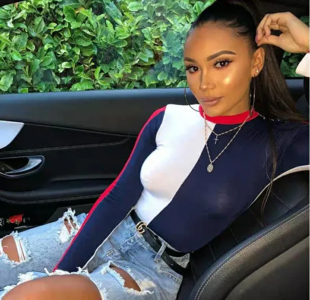 Long sleeved tight fitting jumpsuit women Autumn and winter new sexy contrast colored bottoming T shirt Blue And White - Shop at LoveMi