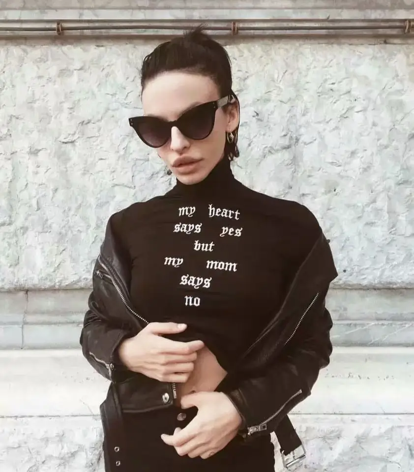 European and American street style letters embroidered tight-fitting navel long-sleeved high-neck short T-shirt female bottoming shirt
