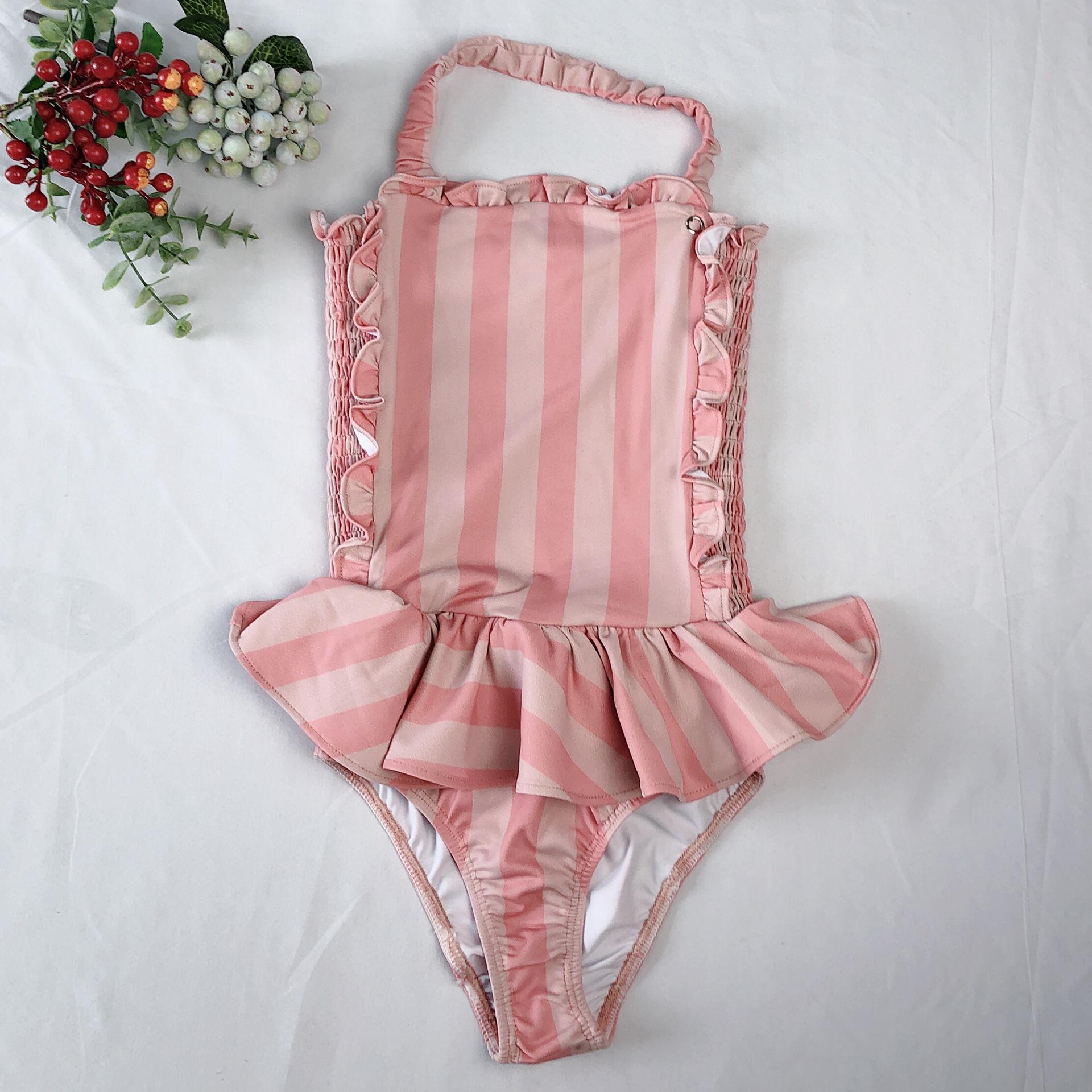 Children's Swimwear Ins Explosion Models Girls Siamese Striped Princess Wind Lace Swimsuit