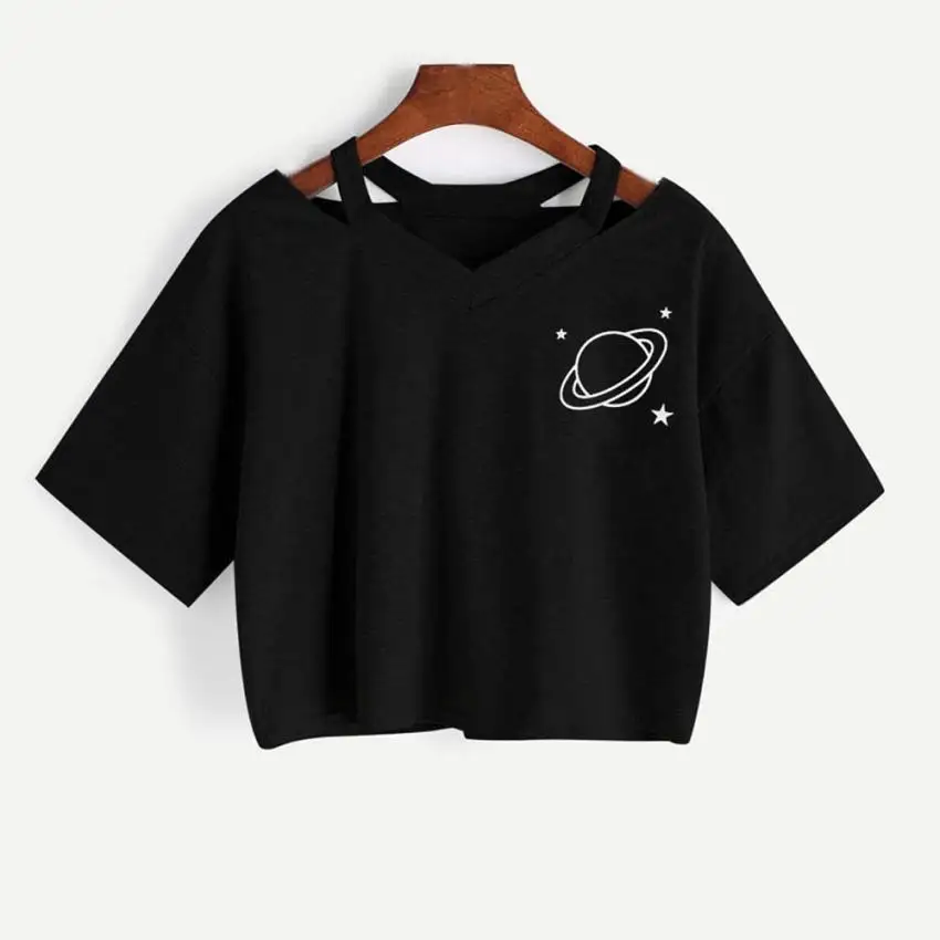 AA wind V-neck hollow planet print short T-shirt