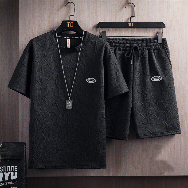 Men's Trendy Solid Color Casual T-shirt Lace-up Five-point Pants Suit