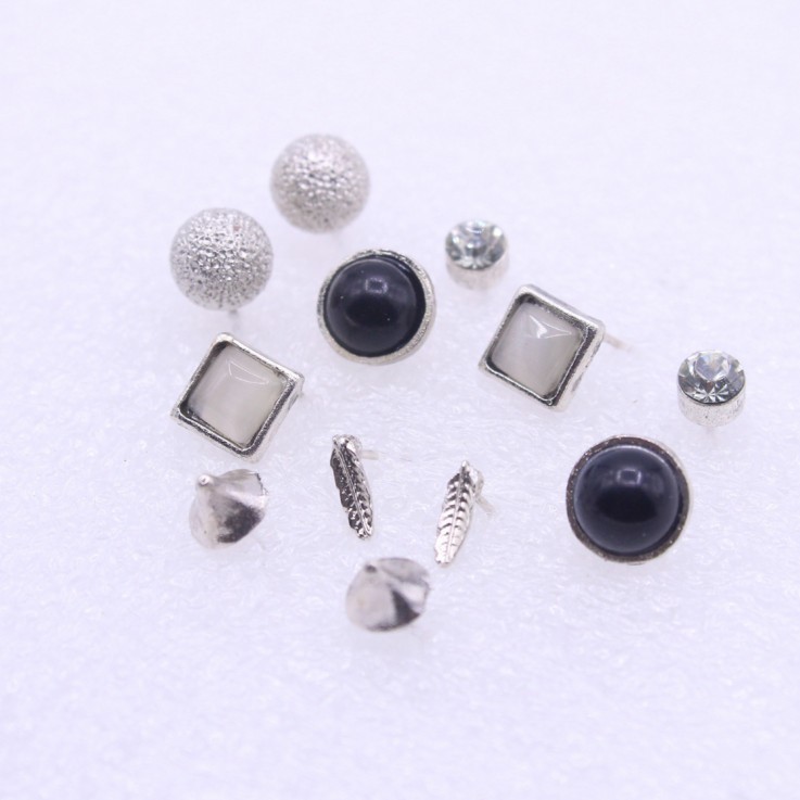 Foreign Trade Fashion Simple 6 Pairs Set Earrings Sizzling Explosion Models Diamond Leaf Gem Earrings