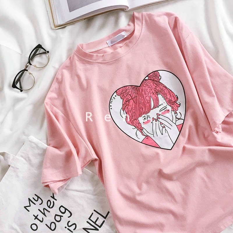 Cute Cartoon Girl Print Summer Slim Wild Round Neck