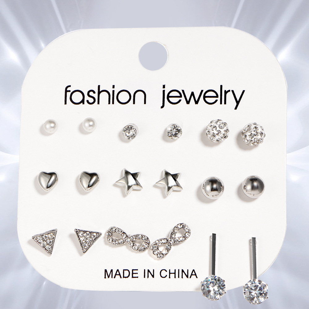 Zircon earrings set with 9 pairs of earrings set with crystal heart triangle diamond set