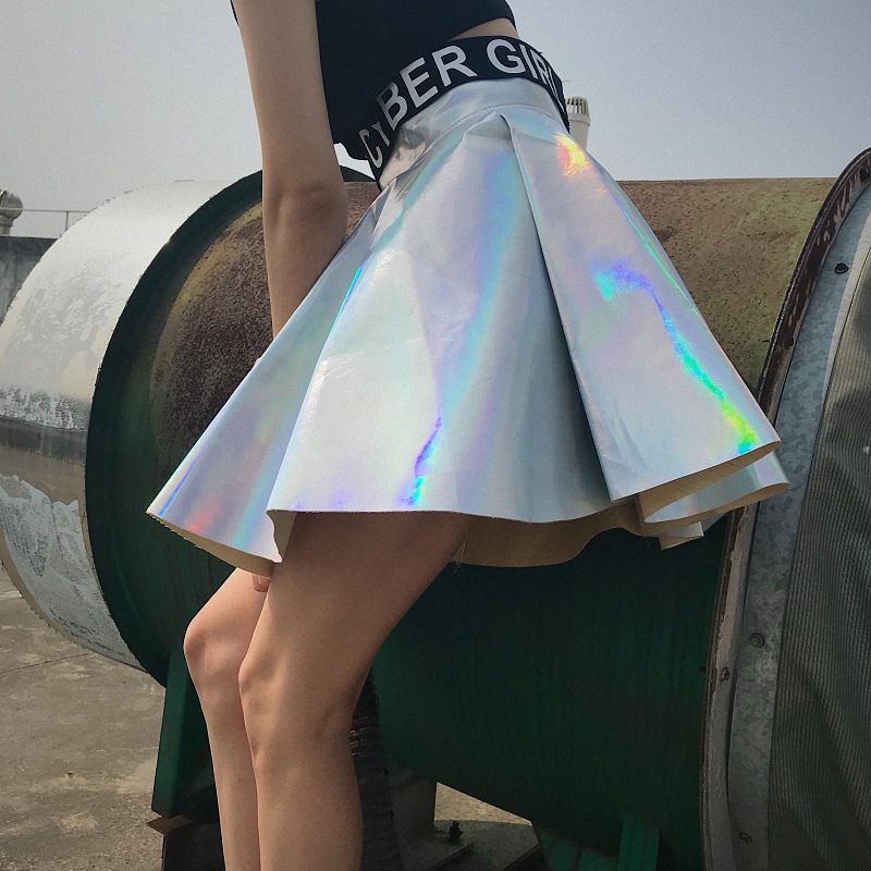 Laser glossy pu half-length leather skirt