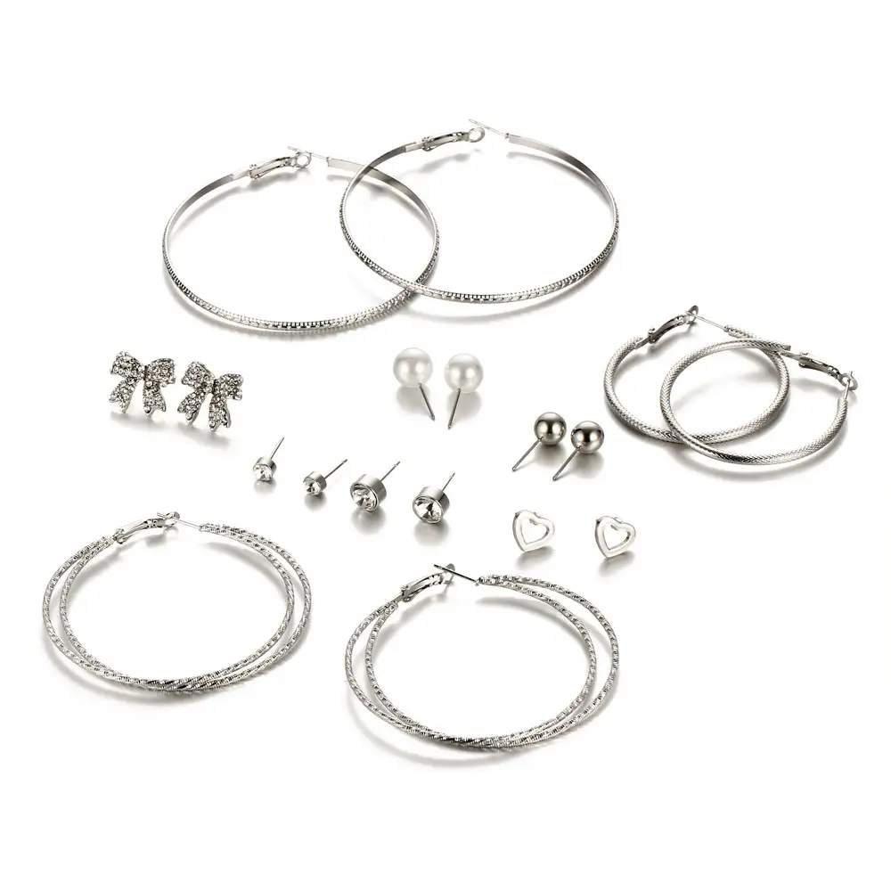 Korean earrings bow love big circle personality earrings set 9 pairs of earrings