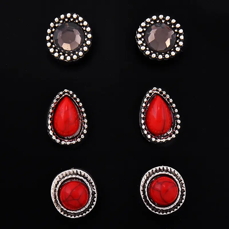 Personality fashion vintage natural stone stud earrings Geometric turquoise stone rhinestone leaves 6 pairs of earrings