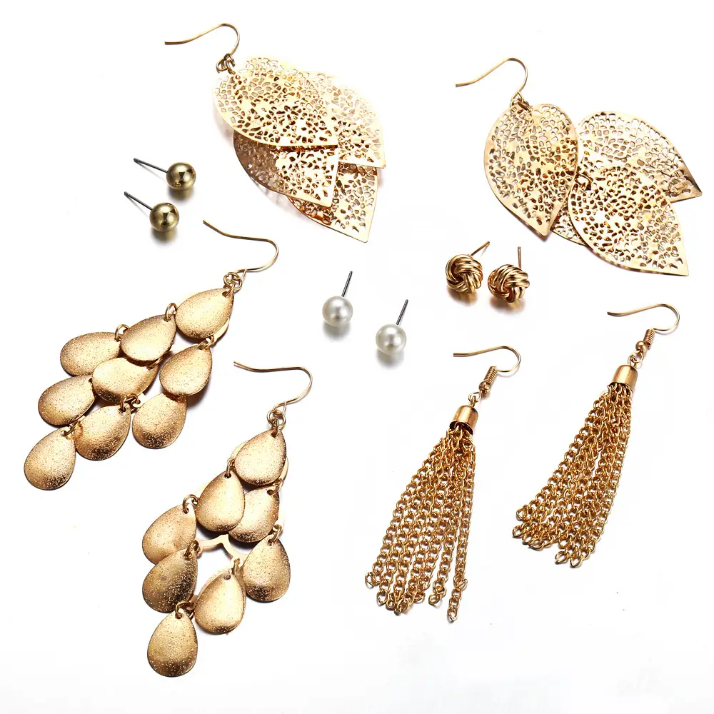 6 pairs of plate pearl earrings set hollow leaf woven earrings