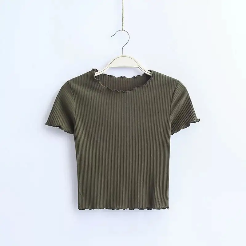 Fashion retro wooden ear slim short-sleeved T-shirt tops women's clothing
