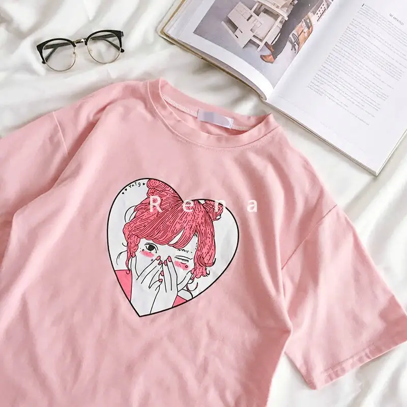 Cute Cartoon Girl Print Summer Slim Wild Round Neck