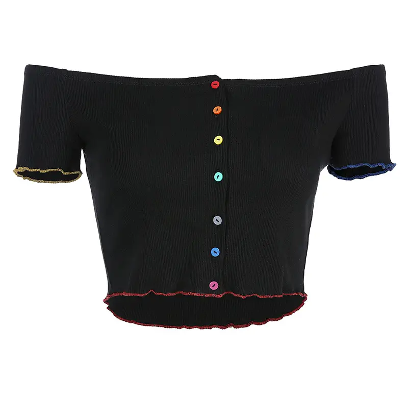 Ins asymmetric edged color button one shoulder shirt female summer