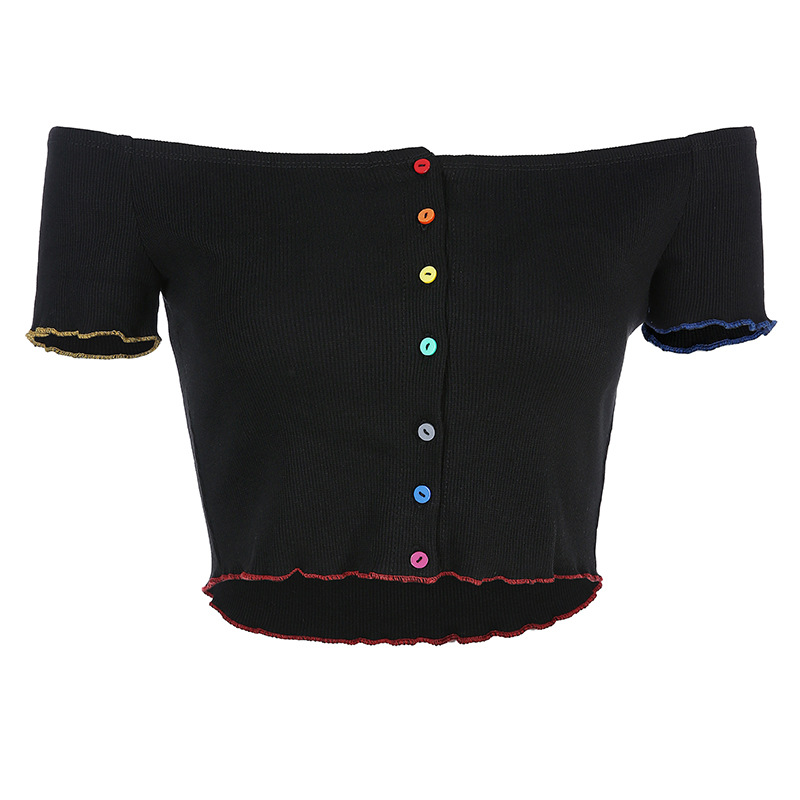 Ins asymmetric edged color button one shoulder shirt female summer