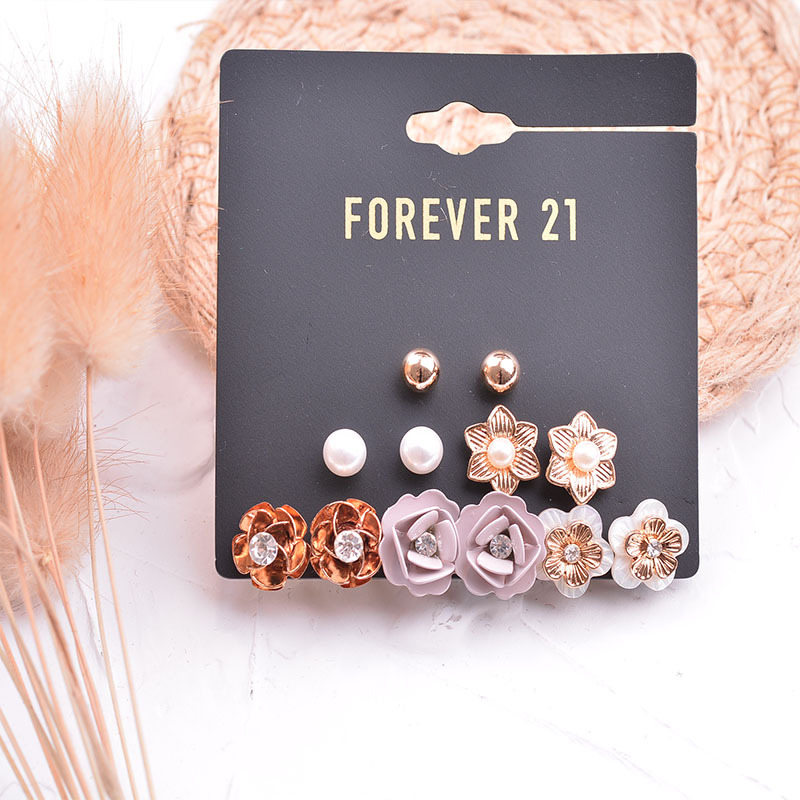 6 Pairs Of One Card Simple Flower Small Earrings Set Pearl Shell Female Earrings Diamond Jewelry Jewelry