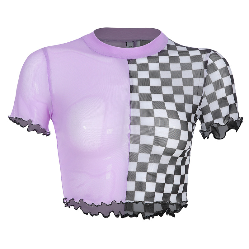 summer new Amazon cross-border ins contrast color checkerboard stitching mesh breathable short-sleeved T-shirt one generation