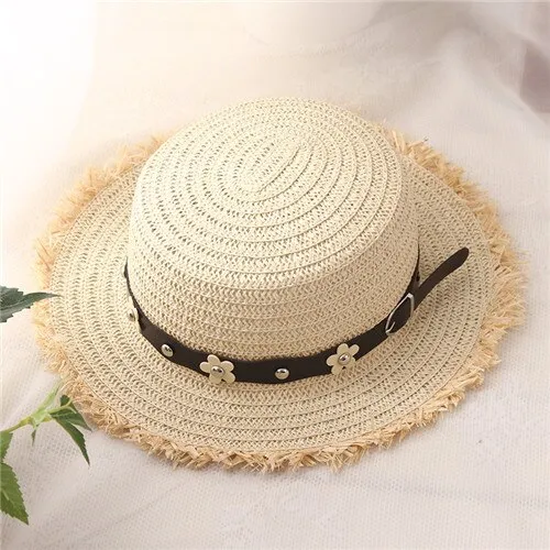 Flat Top Hat Lady Straw Hat Chao Fan Leather Rope Decoration Summer Travel Fashion Little Rim Hat Beige - Shop at LoveMi