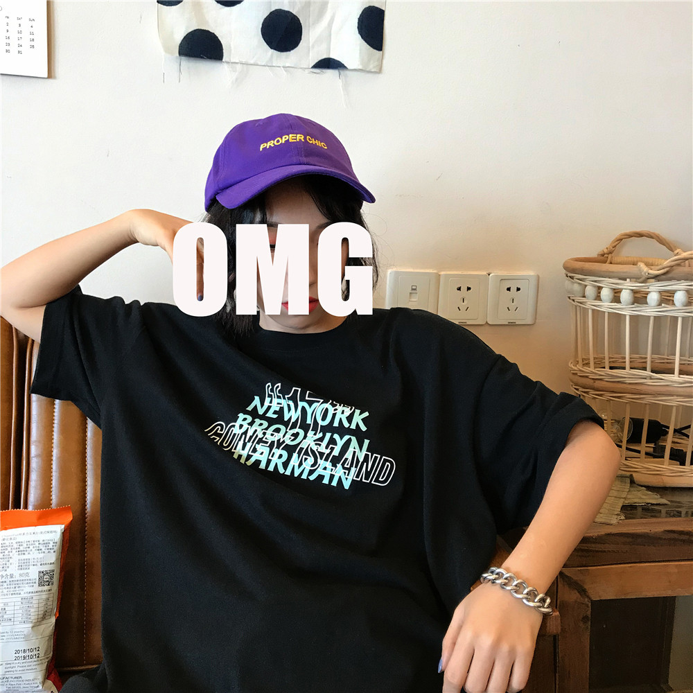 Real shot ins super fire loose bf long section Hong Kong style front and rear printed short-sleeved T-shirt