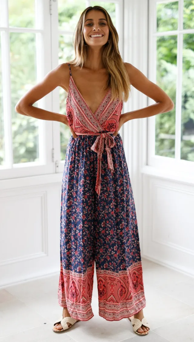 Europe and the United States spring and summer jumpsuit sexy sling straps waist print jumpsuit Blue - Shop at LoveMi