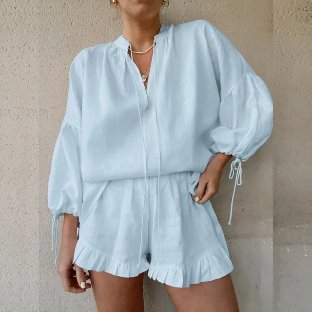 Women's Solid Color 2 Piece Set V Neck Tie Long Sleeve Top With Short Ruffle Hem & Elastic Waist Shorts Casual Elegant Outfit Light Blue - Shop at LoveMi