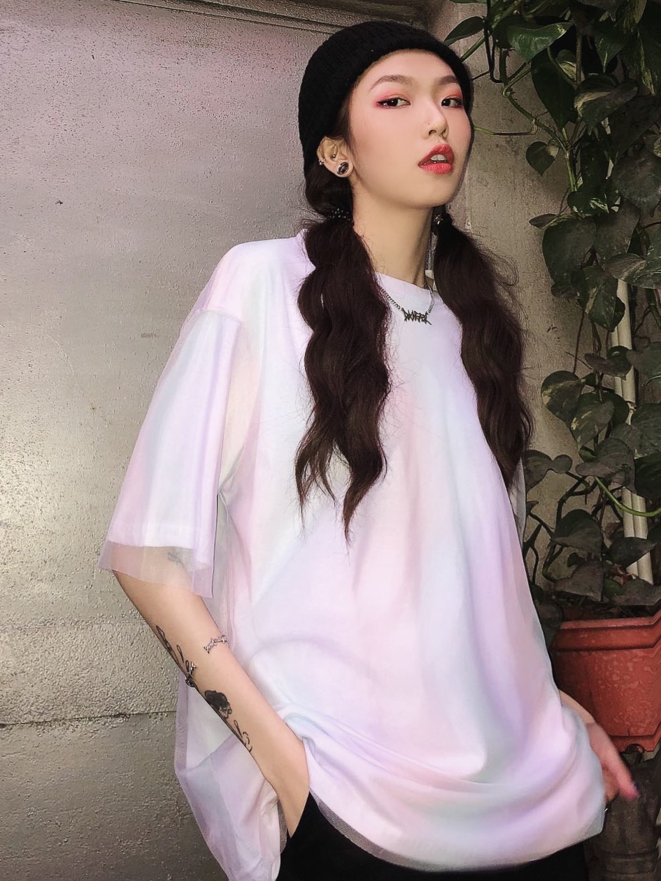 Fake two-piece stitching short-sleeved shirt female summer street Harajuku style loose BF long section colorful mesh T-shirt